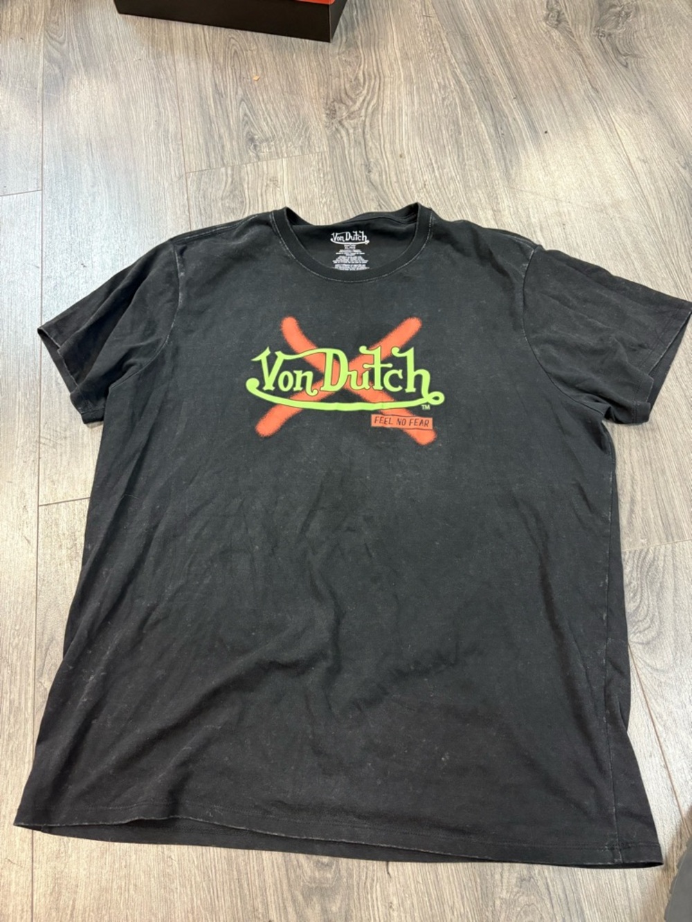 Von Dutch Black Short-Sleeve Tee with Neon Green & Red Logo